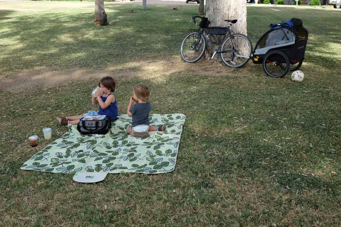 Two kids sitting on a picnic blanket with a Surly Cross-Check with a bike trailer attached leaning against a tree behind them