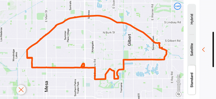 A red outline of the route on a map