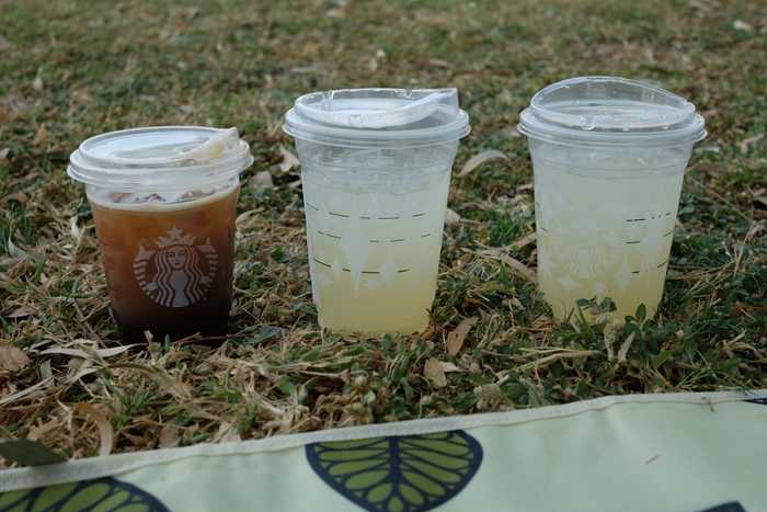 One Starbucks cold brew and two Starbucks lemonades sitting in some grass on the edge of the picnic blanket